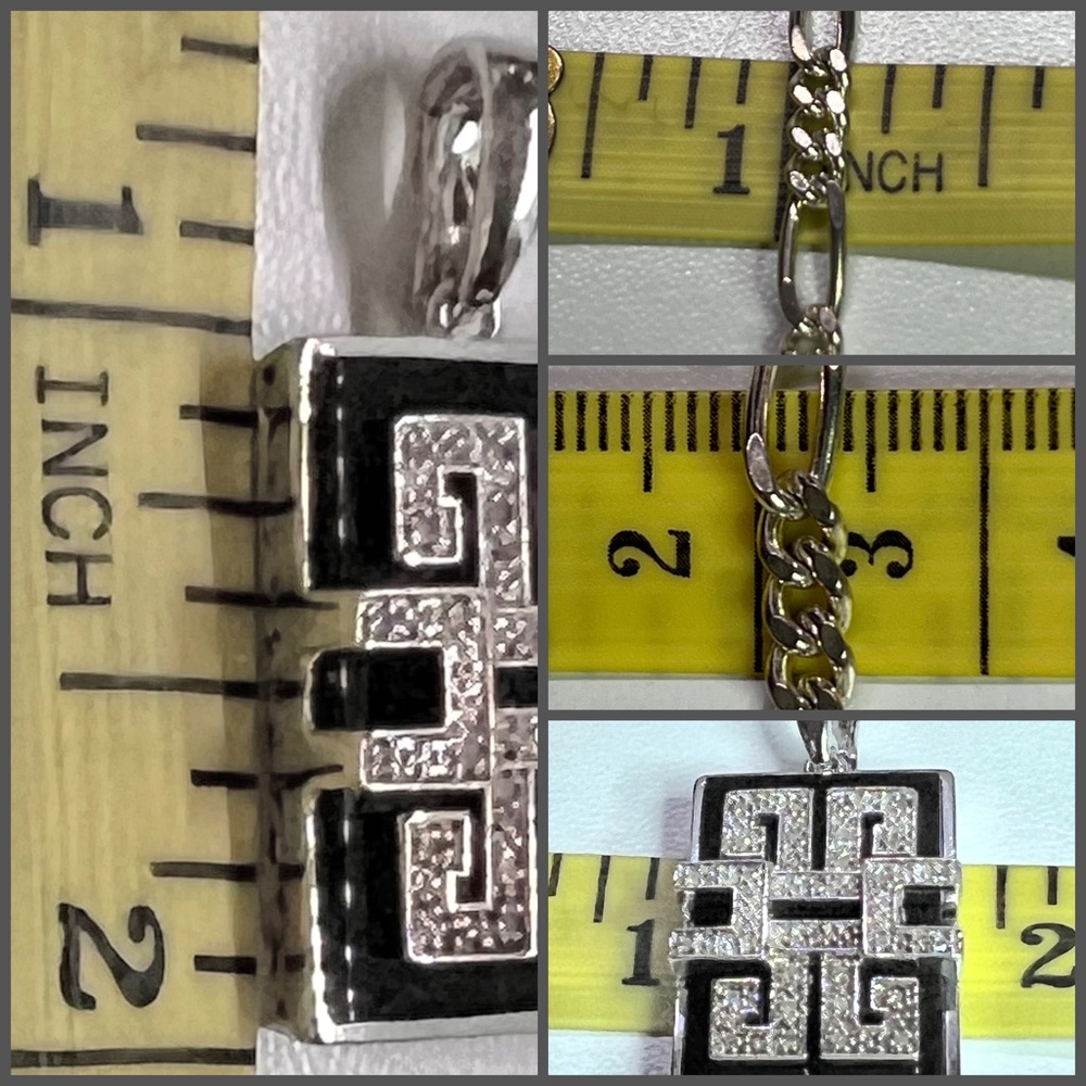 Vintage Affinity Onyx & Diamond Pendant w/a Sterling Silver Unisex Figaro Chain - Picture 4 of 6